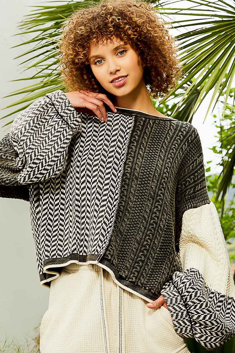 POL Contrast Twisted Weave Chevon Pattern Sweater Top