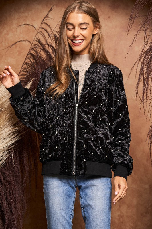 Davi & Dani Quilted Stone Embellished Crushed Velvet Bomber Jacket - Roulhac Fashion Boutique