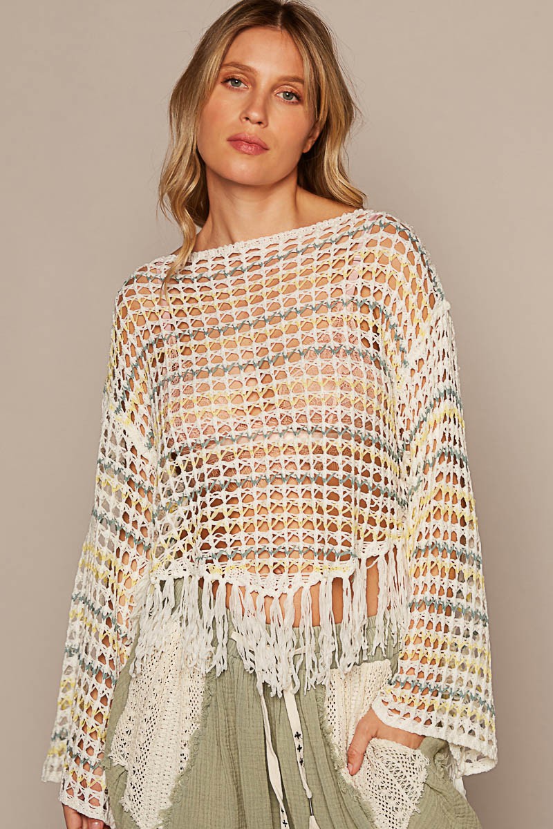 POL Oversize Long Sleeve Fringe Stripe Sweater Top