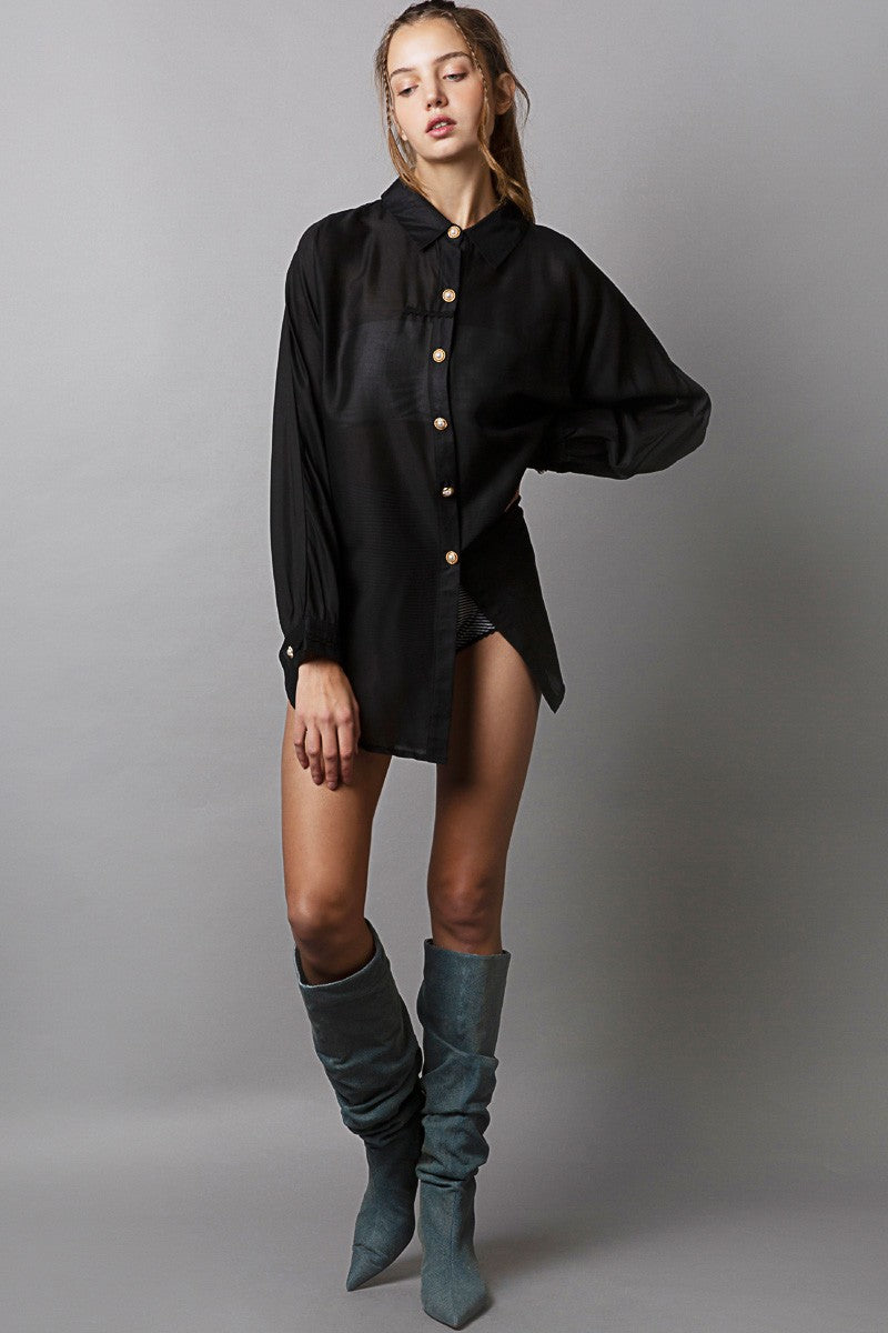 POL Open Back Batwing Long Sleeve Button Down Shirt Top