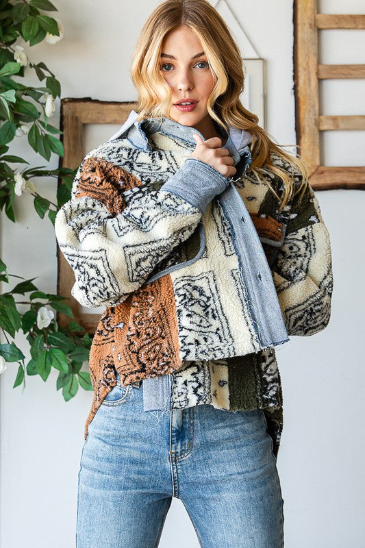Oli & Hali Bandana Print Hooded Cropped Relaxed Sherpa Jacket - Roulhac Fashion Boutique