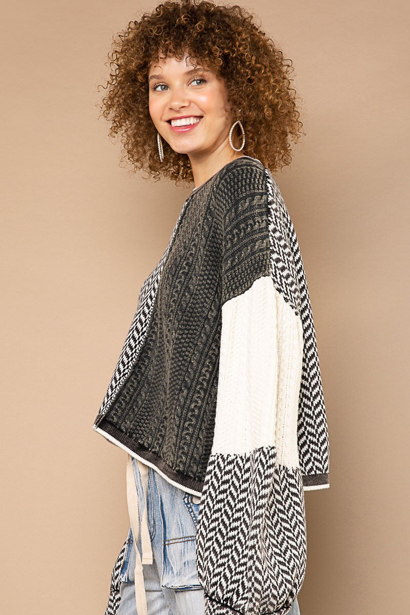 POL Contrast Twisted Weave Chevon Pattern Sweater Top