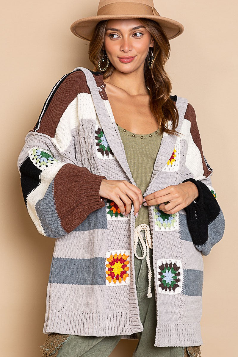 POL Granny Square Patch Hoodie Cardigan Top