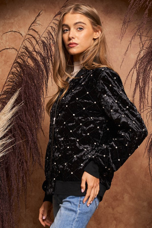 Davi & Dani Quilted Stone Embellished Crushed Velvet Bomber Jacket - Roulhac Fashion Boutique