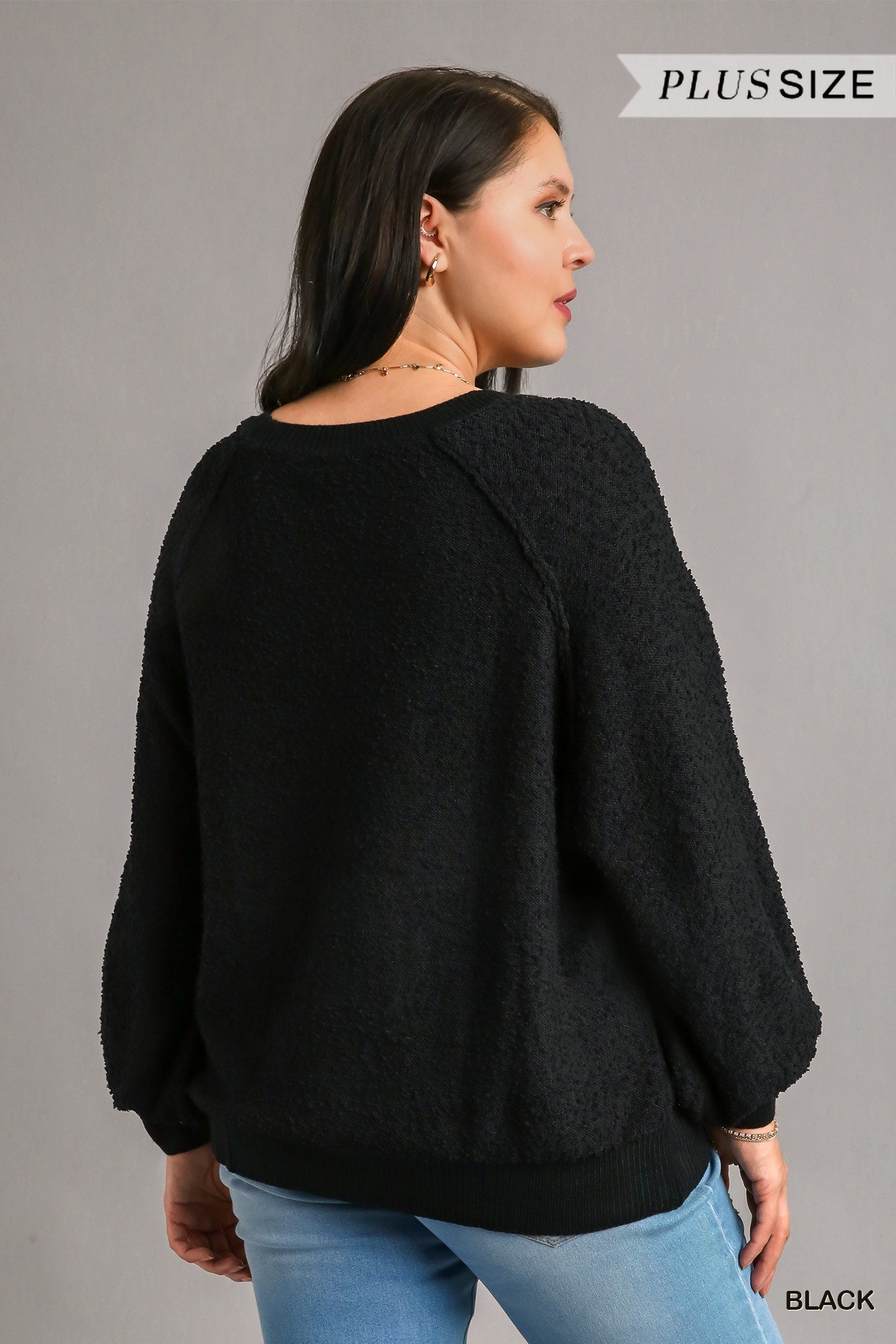 Umgee Plus Puff Sleeve Boat Neck Sweater Top