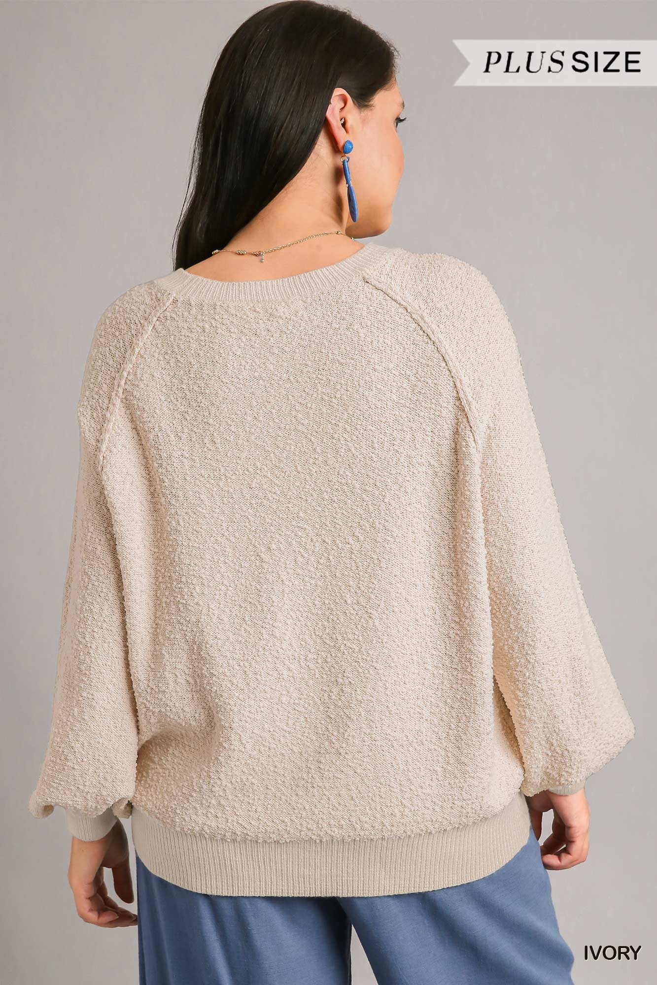 Umgee Plus Puff Sleeve Boat Neck Sweater Top