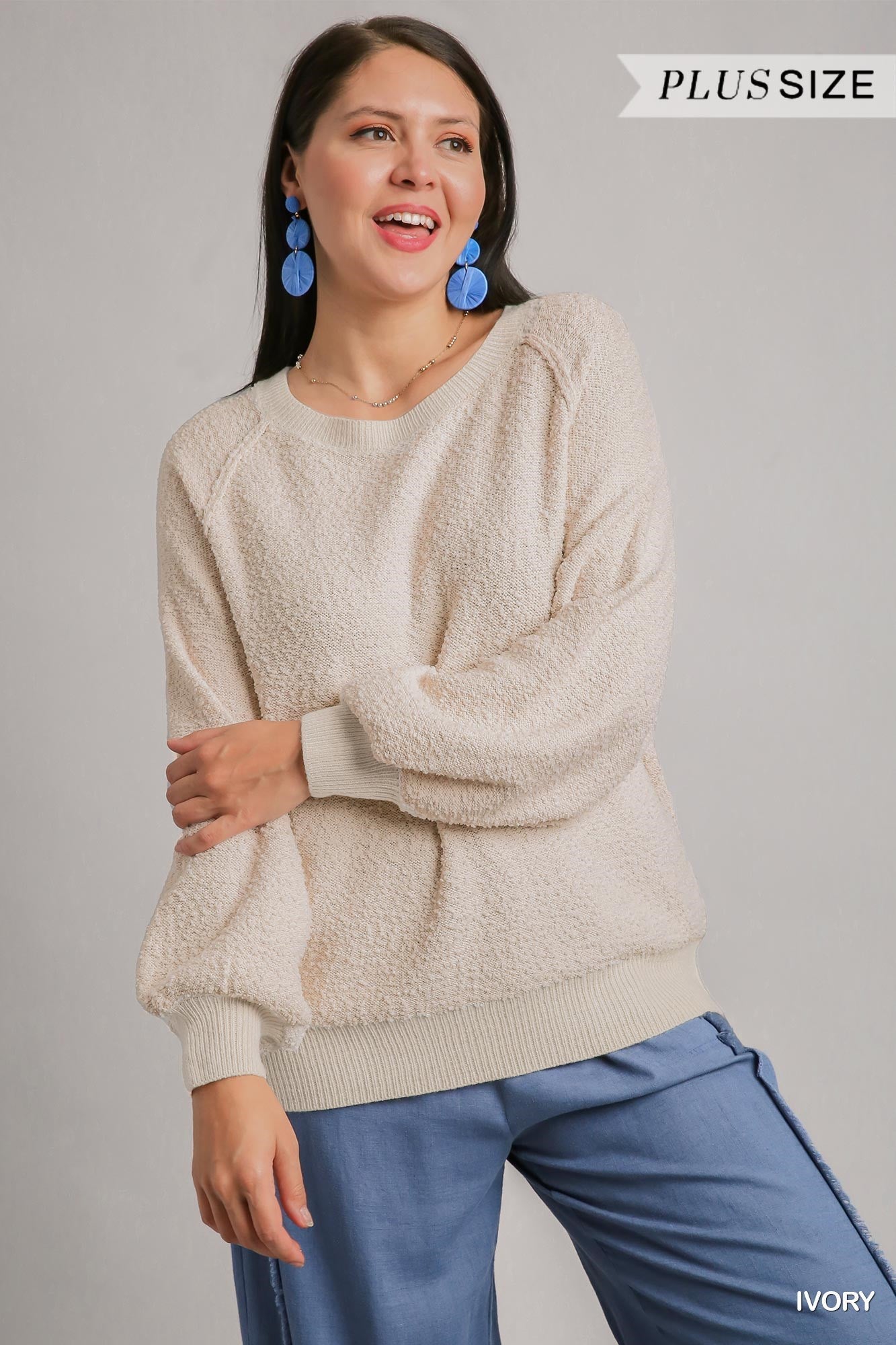 Umgee Plus Puff Sleeve Boat Neck Sweater Top