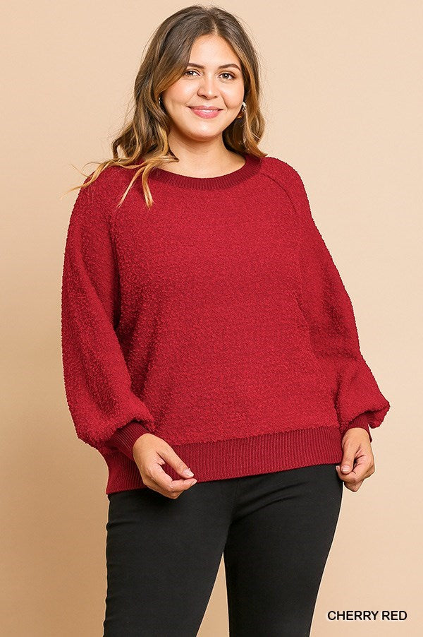 Umgee Plus Puff Sleeve Boat Neck Sweater Top
