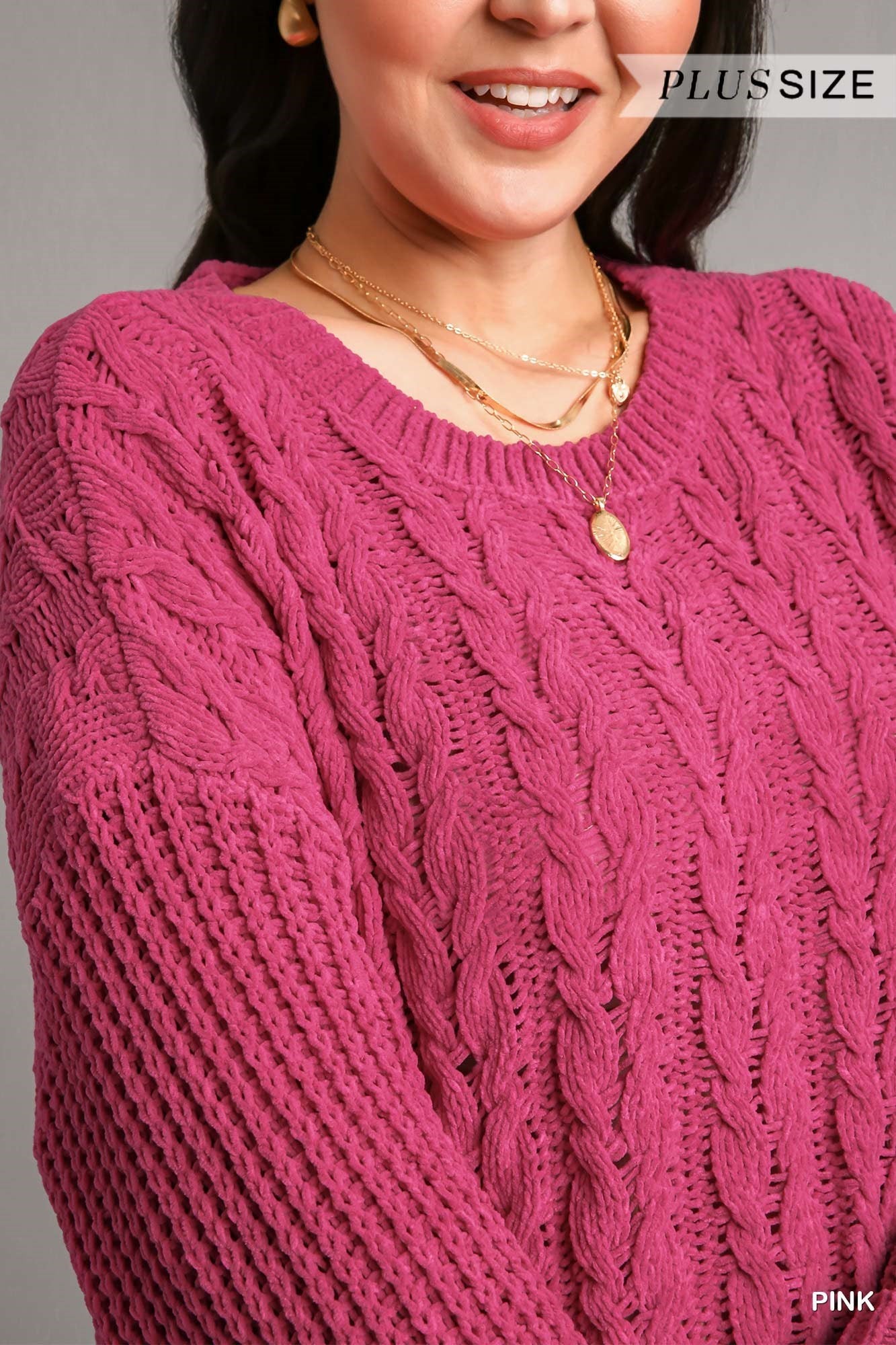 Umgee Plus Cuffed Long Sleeve Chenille Cable Knit Pullover Sweater Top
