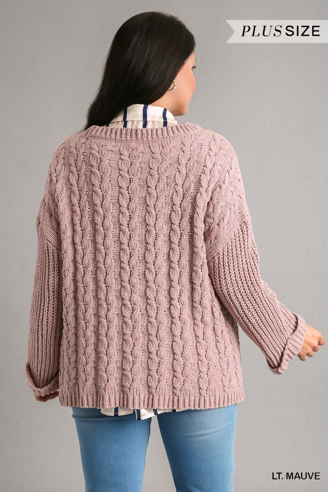 Umgee Plus Cuffed Long Sleeve Chenille Cable Knit Pullover Sweater Top - Roulhac Fashion Boutique