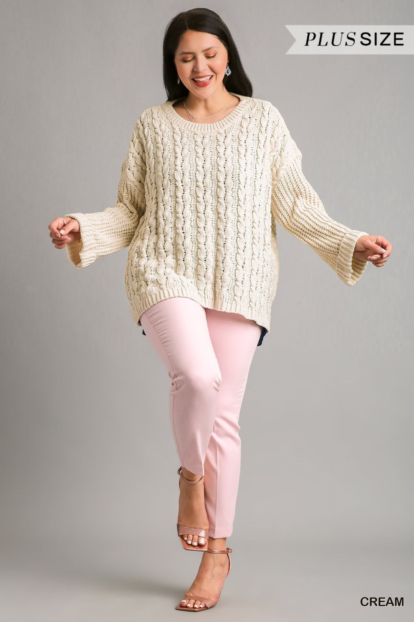 Umgee Plus Cuffed Long Sleeve Chenille Cable Knit Pullover Sweater Top