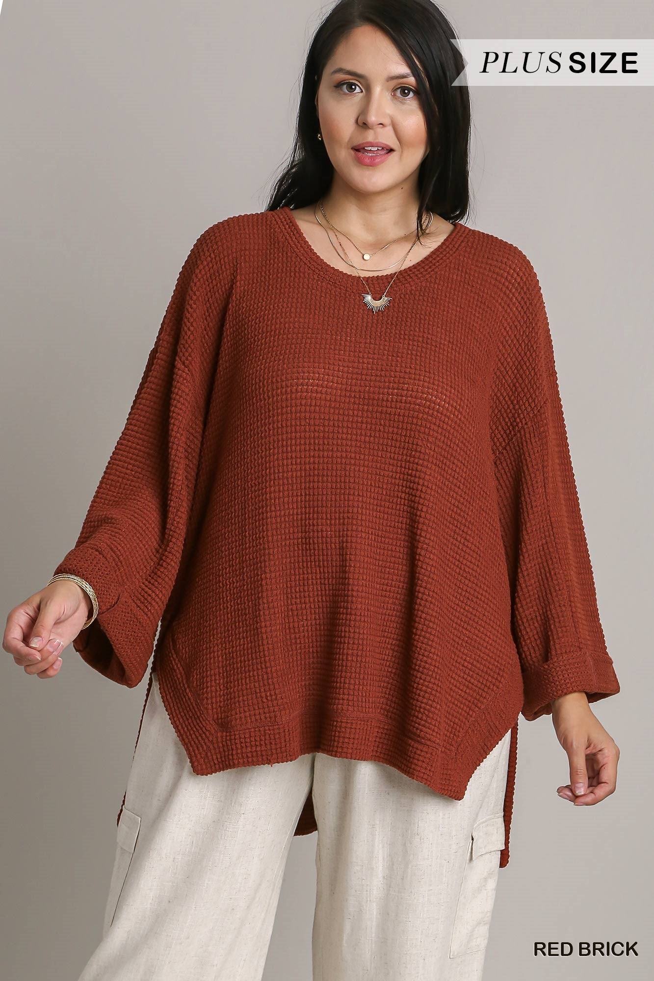 Umgee Plus Waffle Knit Rolled Sleeve Round Neck Top - Roulhac Fashion Boutique