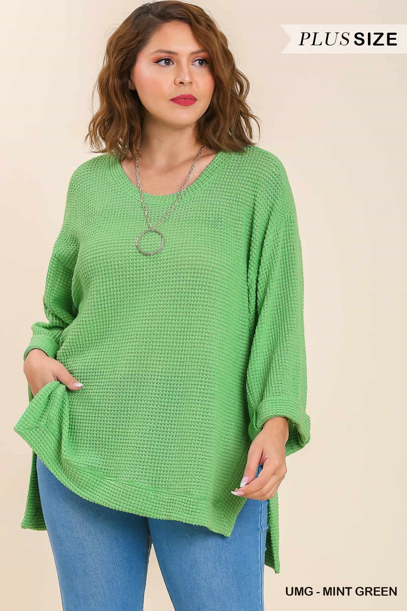 Umgee Plus Waffle Knit Rolled Sleeve Round Neck Top