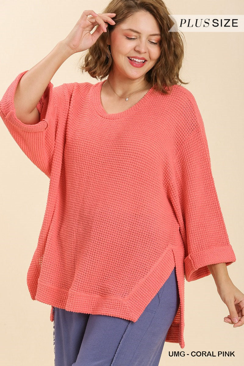 Umgee Plus Waffle Knit Rolled Sleeve Round Neck Top