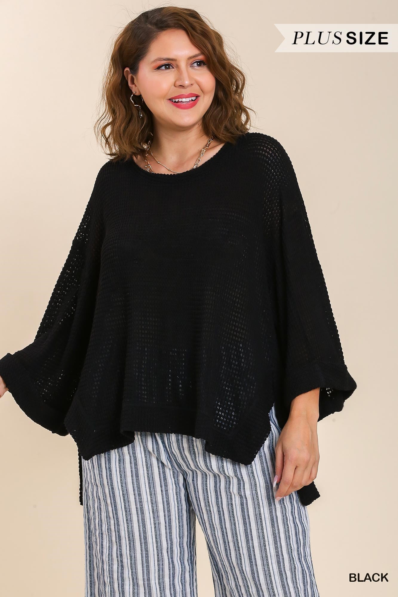 Umgee Plus Waffle Knit Rolled Sleeve Round Neck Top