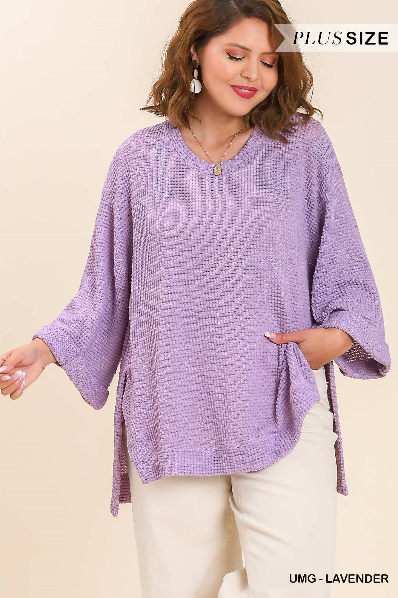 Umgee Plus Waffle Knit Rolled Sleeve Round Neck Top - Roulhac Fashion Boutique