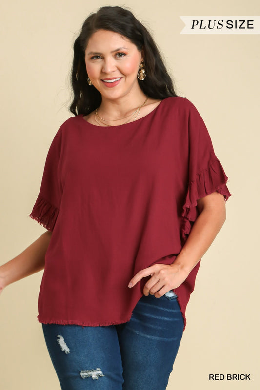 Umgee Plus Linen Blend Short Ruffle Sleeve Round Neck Frayed Top - Roulhac Fashion Boutique