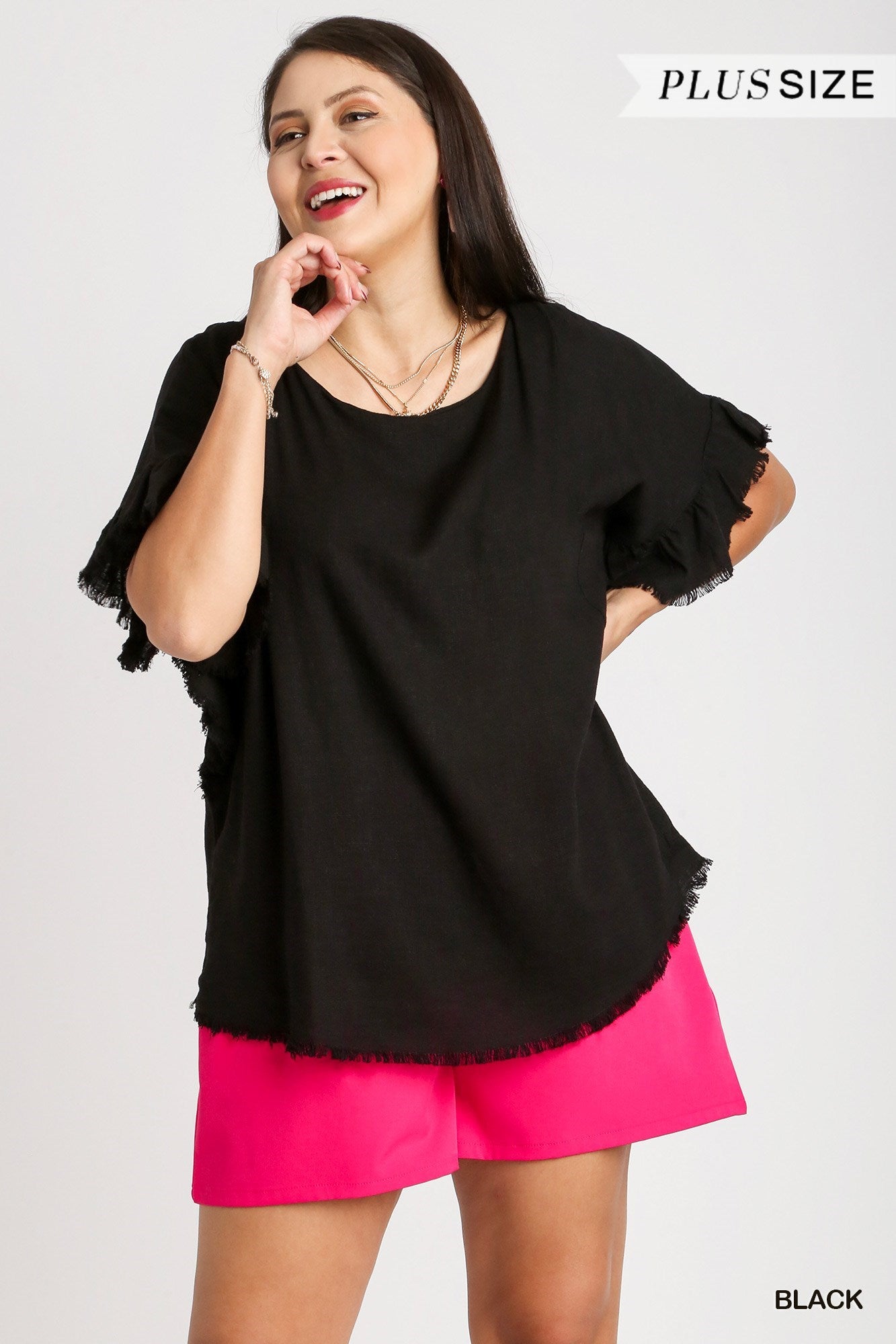 Umgee Plus Linen Blend Short Ruffle Sleeve Round Neck Frayed Top