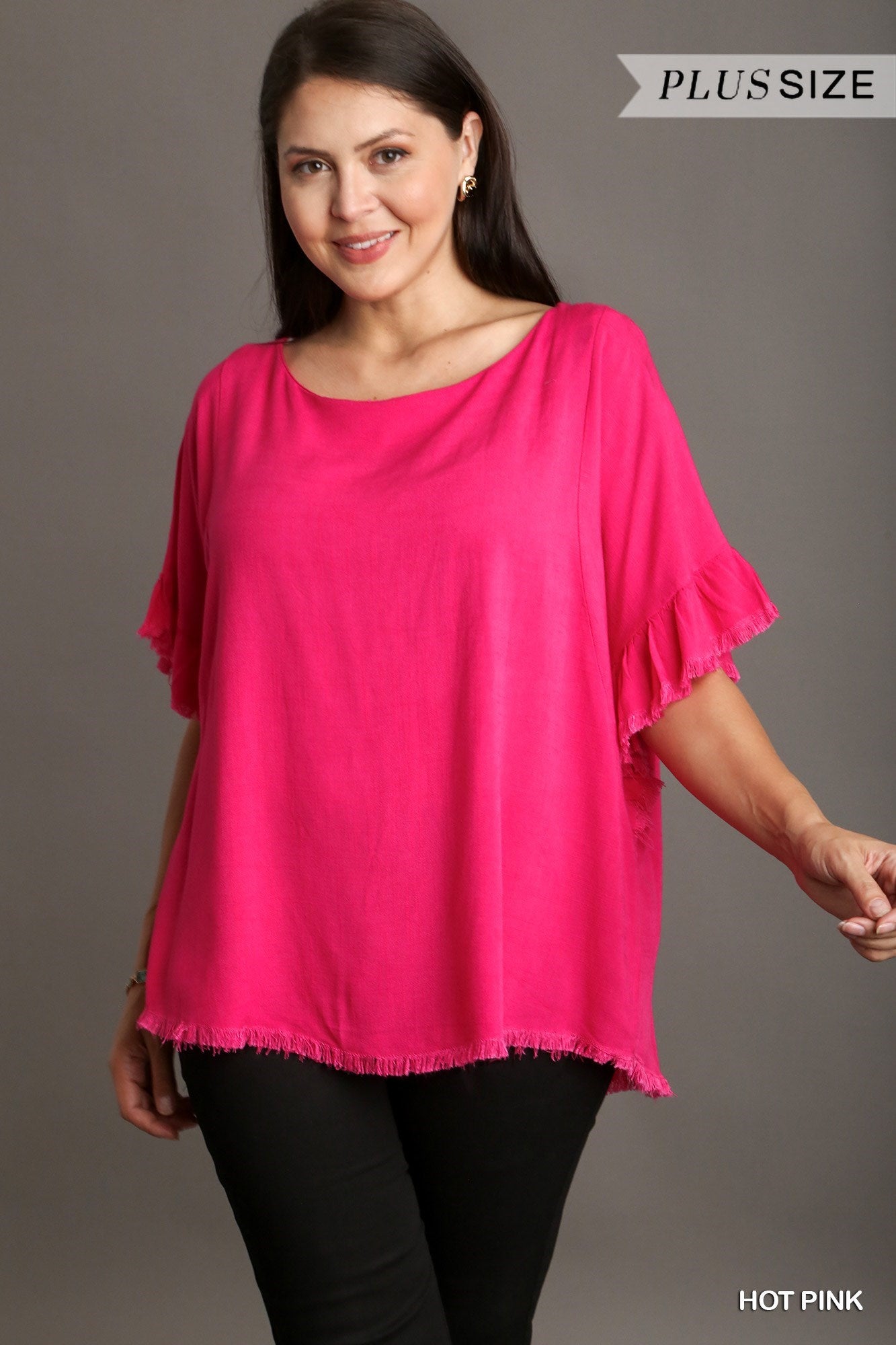 Umgee Plus Linen Blend Short Ruffle Sleeve Round Neck Frayed Top - Roulhac Fashion Boutique