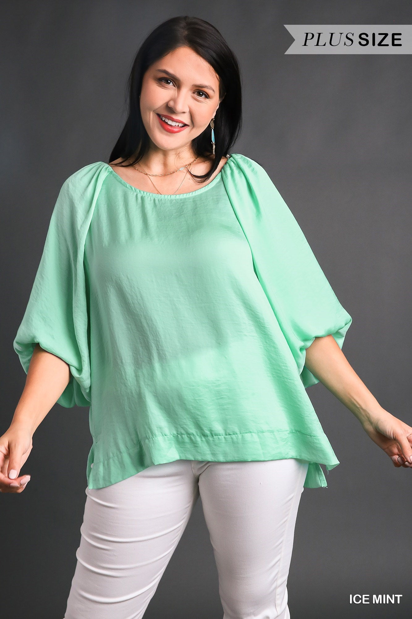 Umgee Plus Washed Balloon Sleeve Round Neck High Low Hem Top - Roulhac Fashion Boutique
