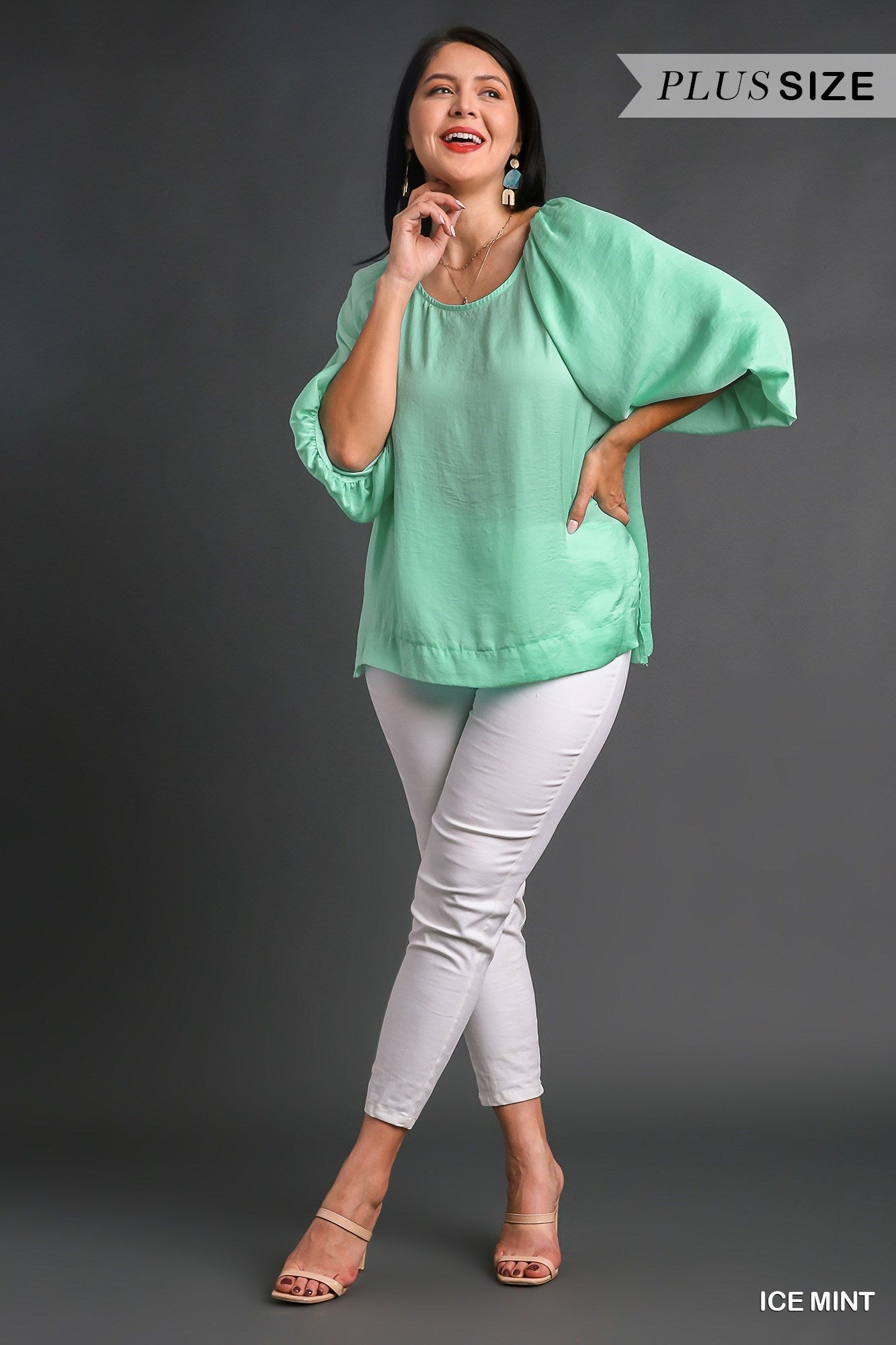 Umgee Plus Washed Balloon Sleeve Round Neck High Low Hem Top