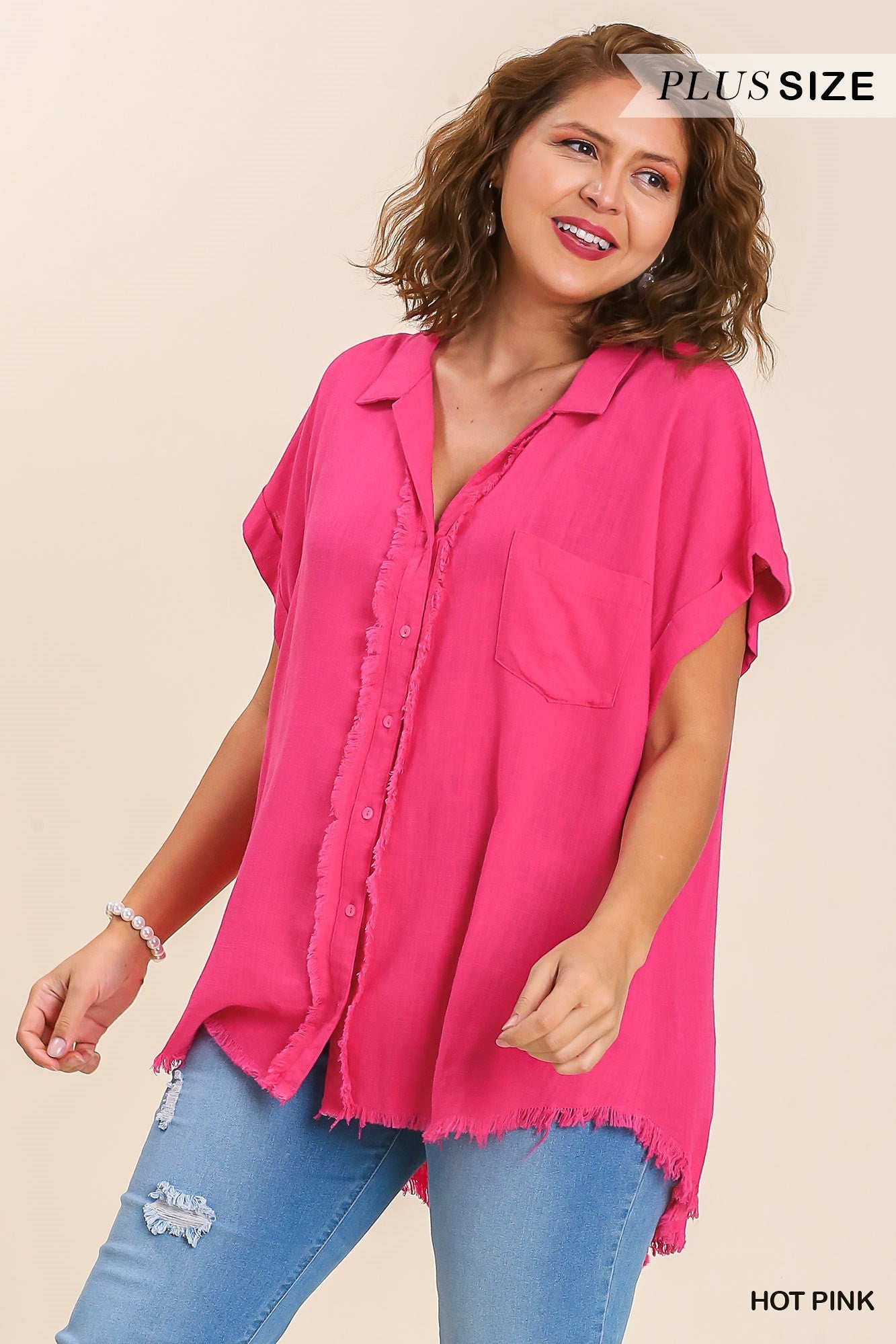 Umgee Plus Linen Blend Collar Button Down Short Frayed Edged Hi-Lo Hem Top - Roulhac Fashion Boutique