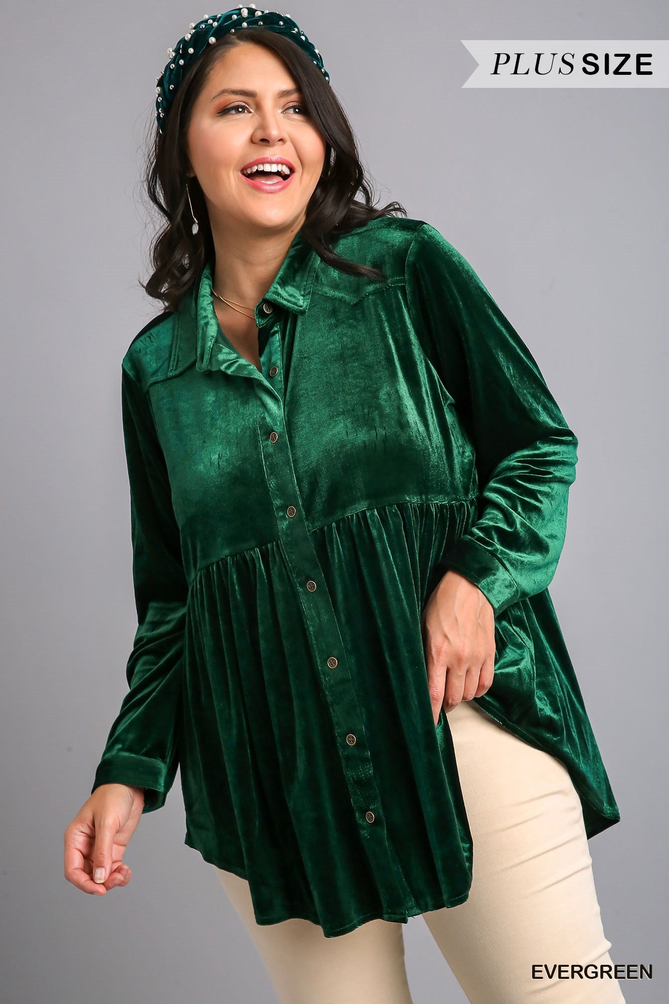 Umgee Plus Velvet Collar Button Down Long Sleeve Tunic Top - Roulhac Fashion Boutique