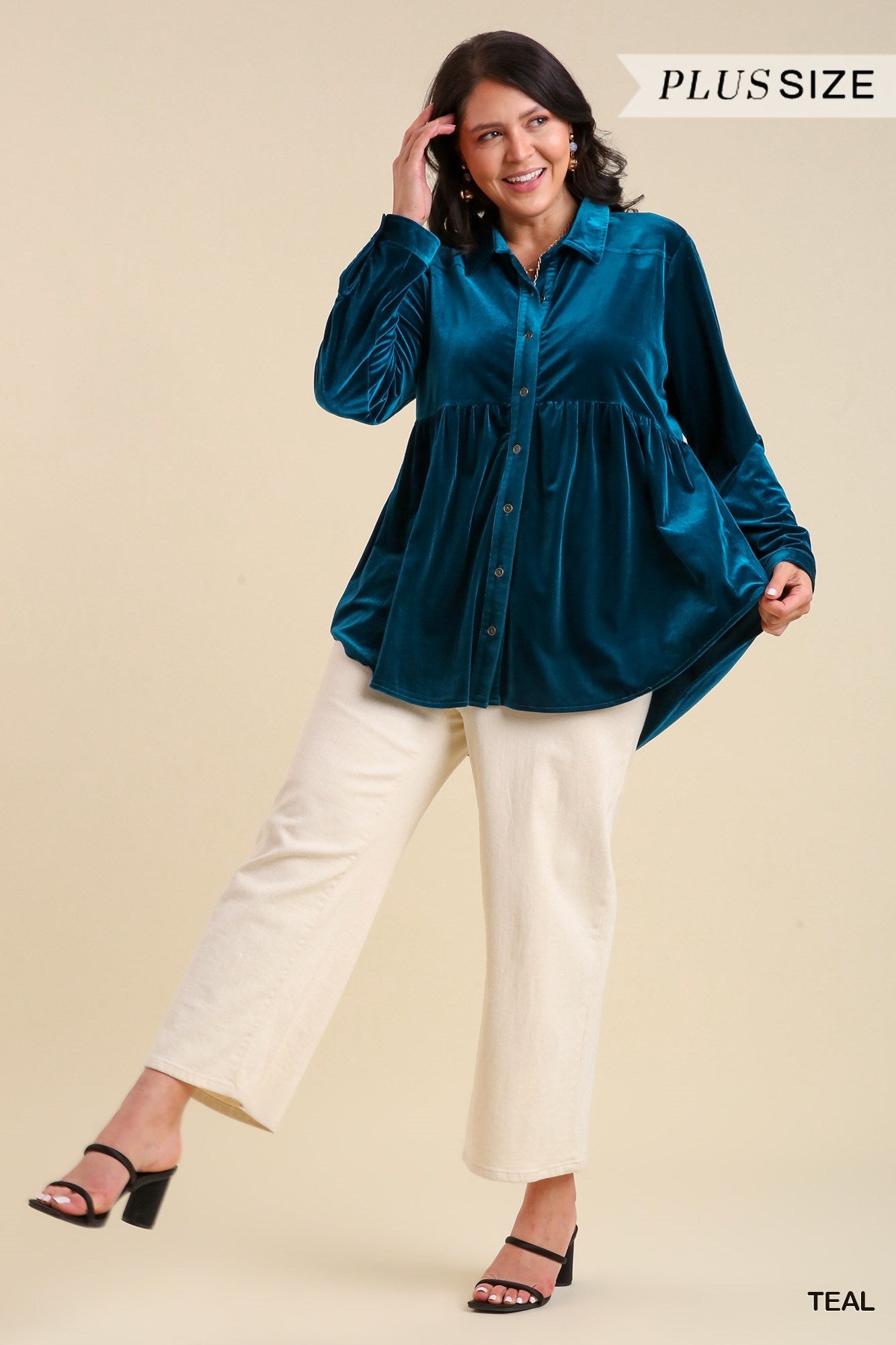 Umgee Plus Velvet Collar Button Down Long Sleeve Tunic Top - Roulhac Fashion Boutique
