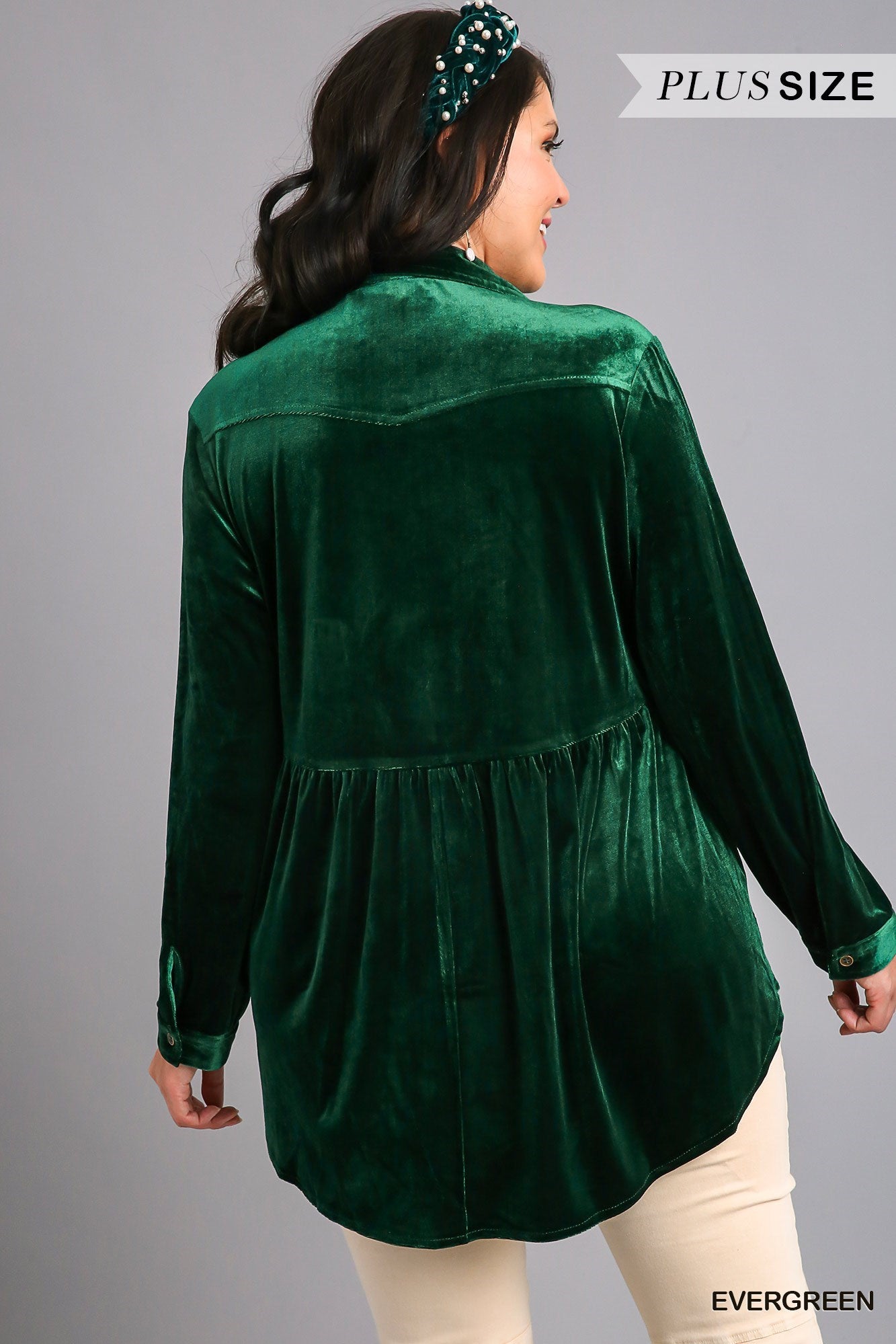 Umgee Plus Velvet Collar Button Down Long Sleeve Tunic Top - Roulhac Fashion Boutique