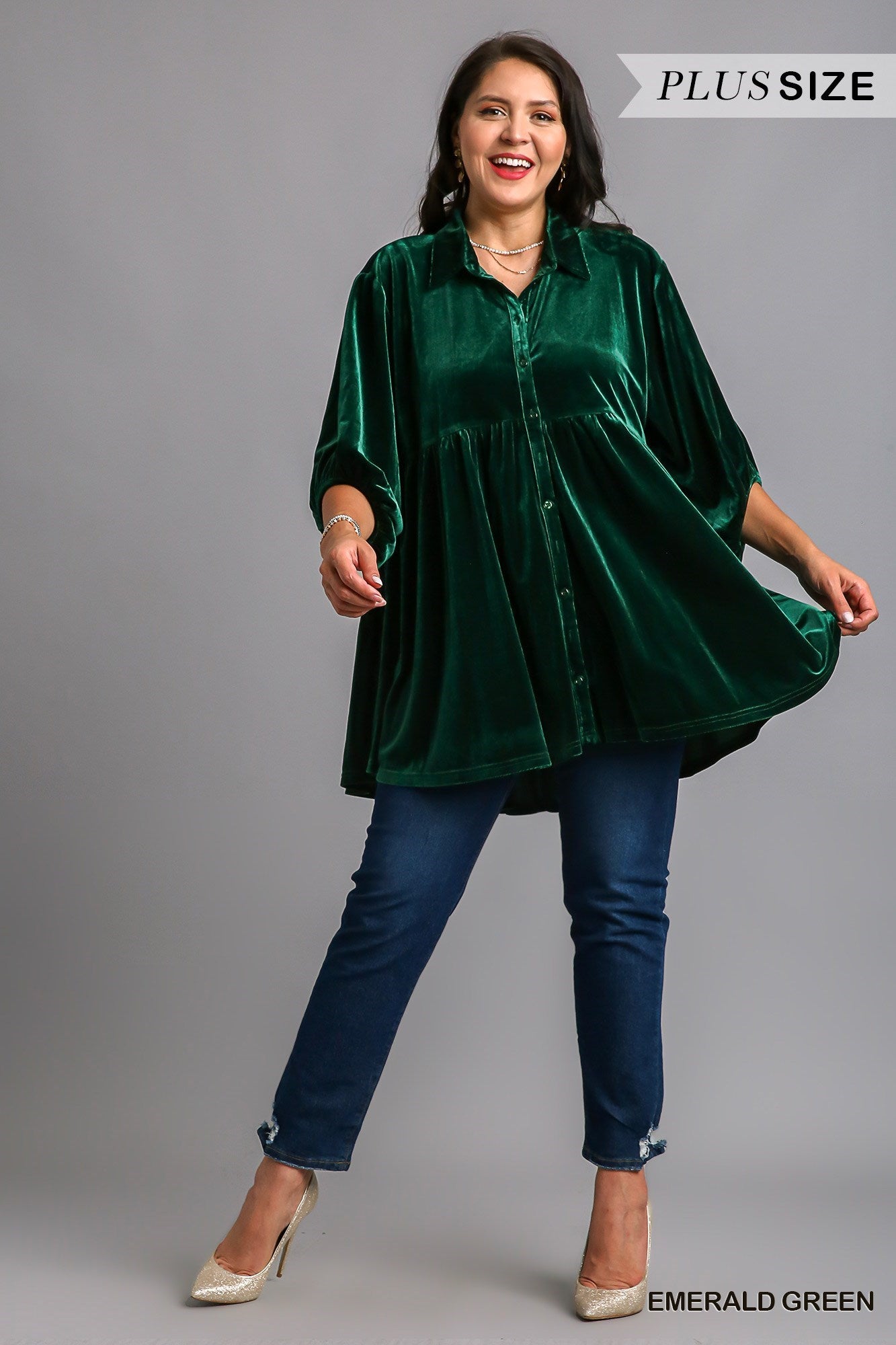 Umgee Plus Velvet 3/4 Sleeve Collar Button Down Tiered Back Top - Roulhac Fashion Boutique