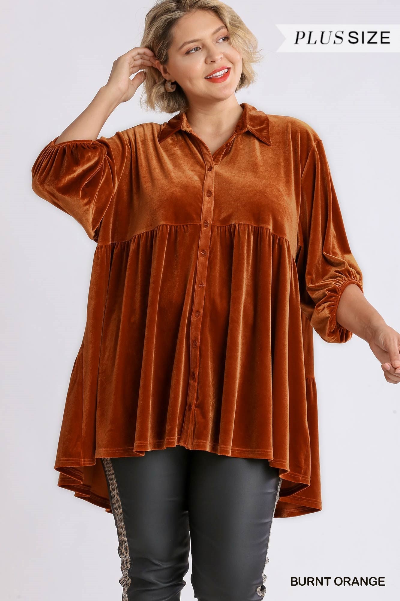 Umgee Plus Velvet 3/4 Sleeve Collar Button Down Tiered Back Top