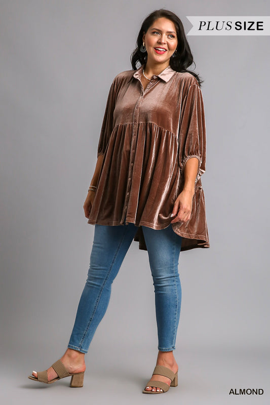 Umgee Plus Velvet 3/4 Sleeve Collar Button Down Tiered Back Top - Roulhac Fashion Boutique