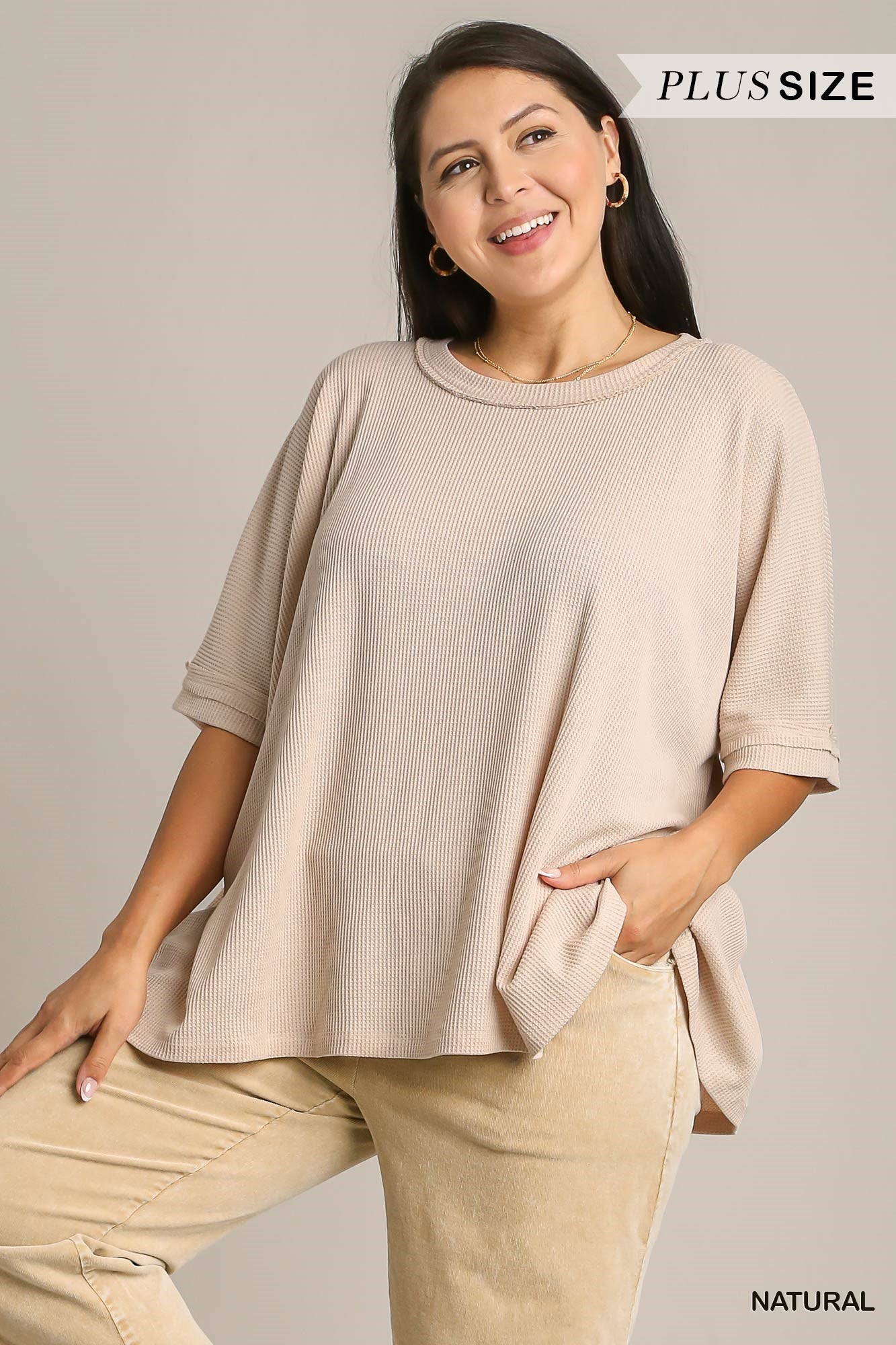 Umgee Plus Waffle Knit Round Neck Raglan Sleeve Top