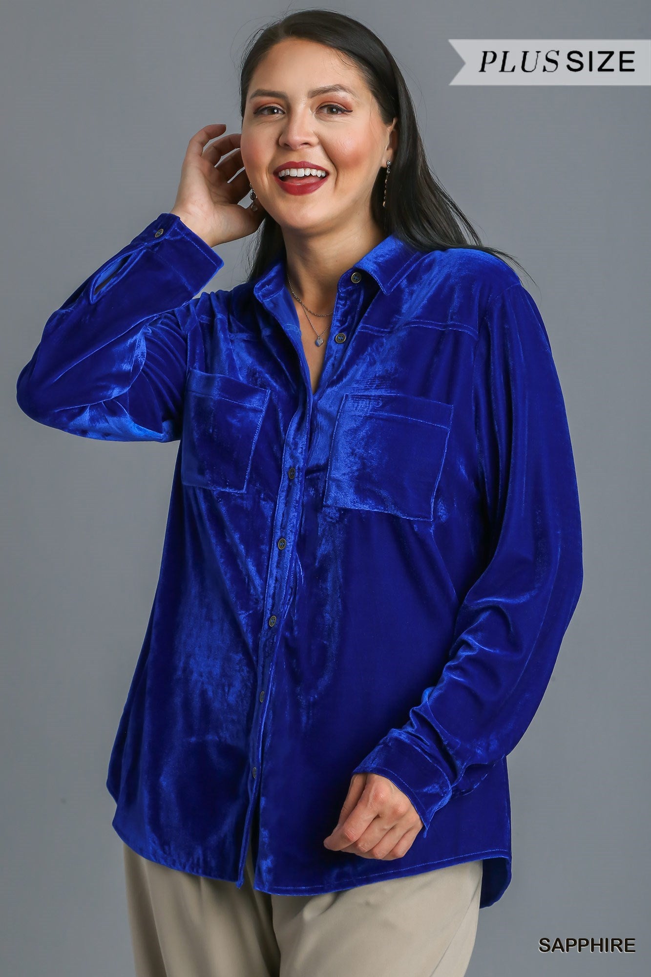 Umgee Plus Velvet Button Up Long Sleeve Pockets Top - Roulhac Fashion Boutique