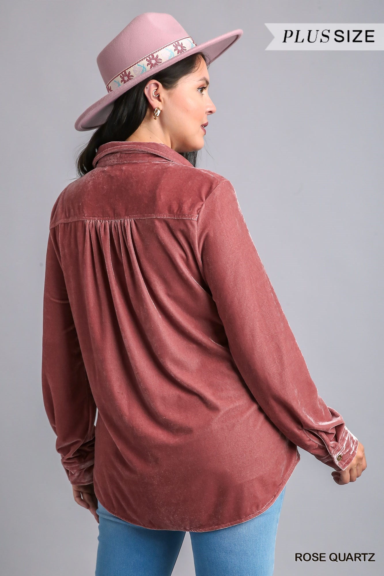 Umgee Plus Velvet Button Up Long Sleeve Pockets Top