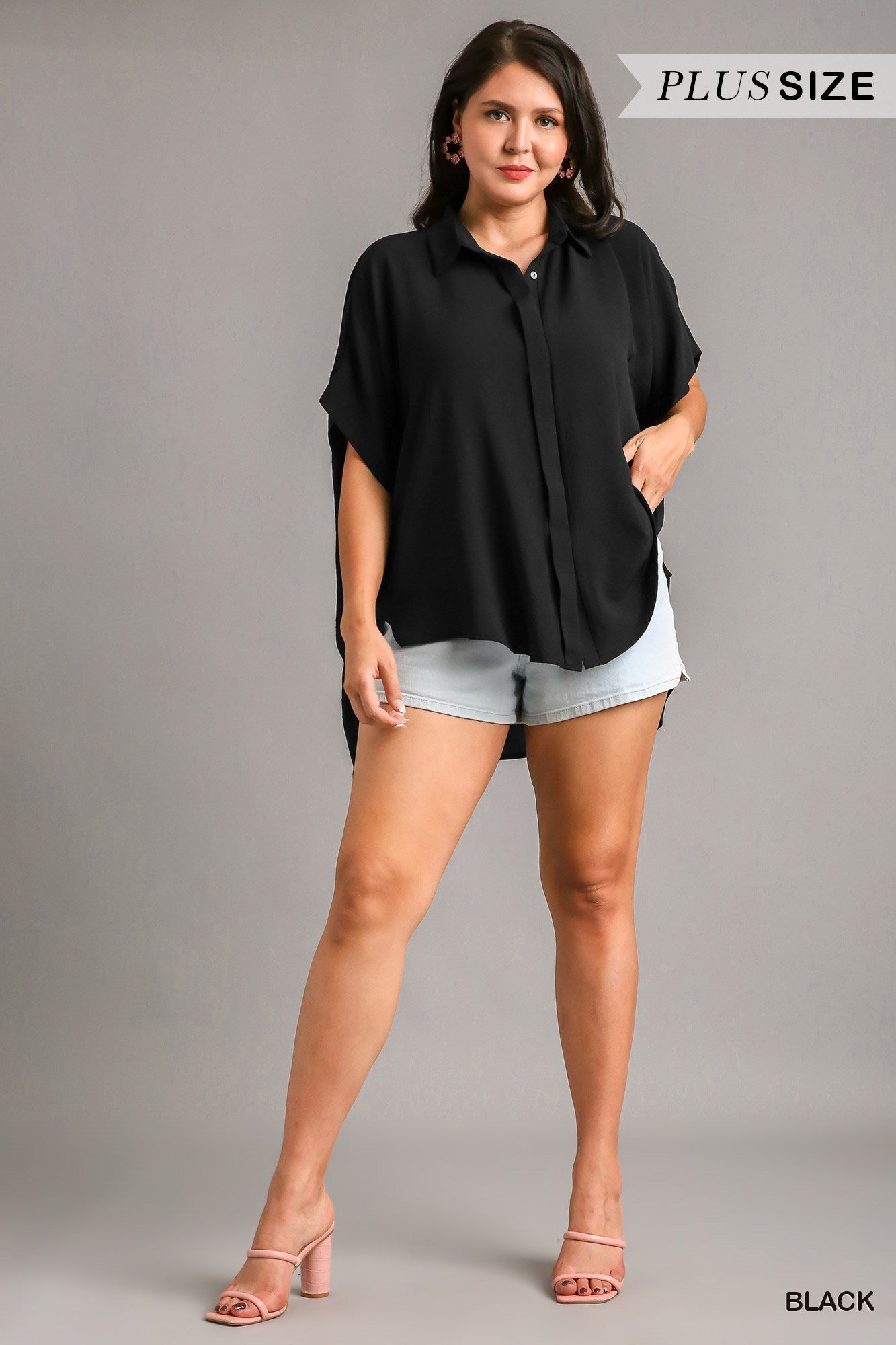 Umgee Plus Oversized Button Down Hi-Low Shirt Top