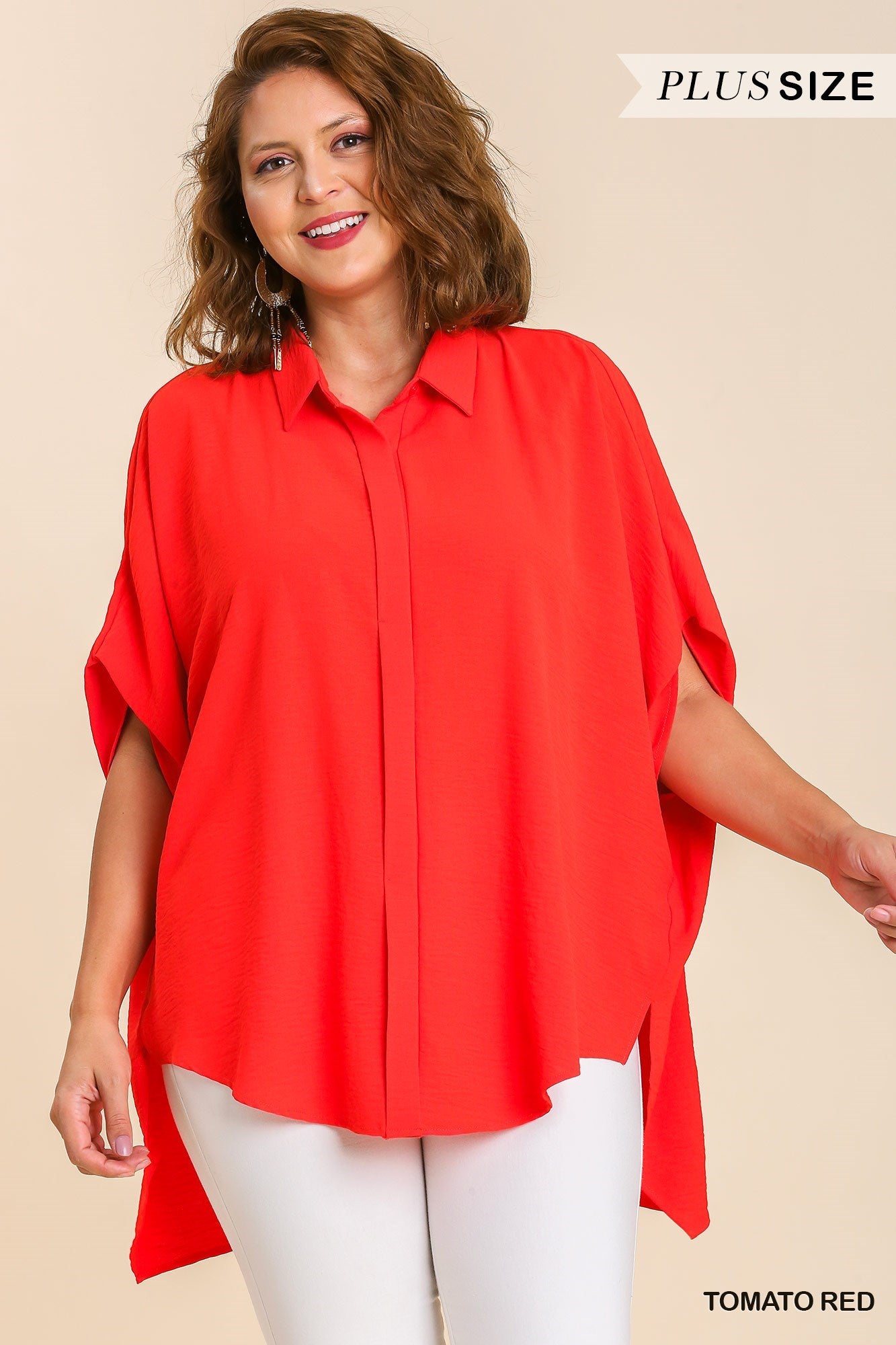 Umgee Plus Oversized Button Down Hi-Low Shirt Top