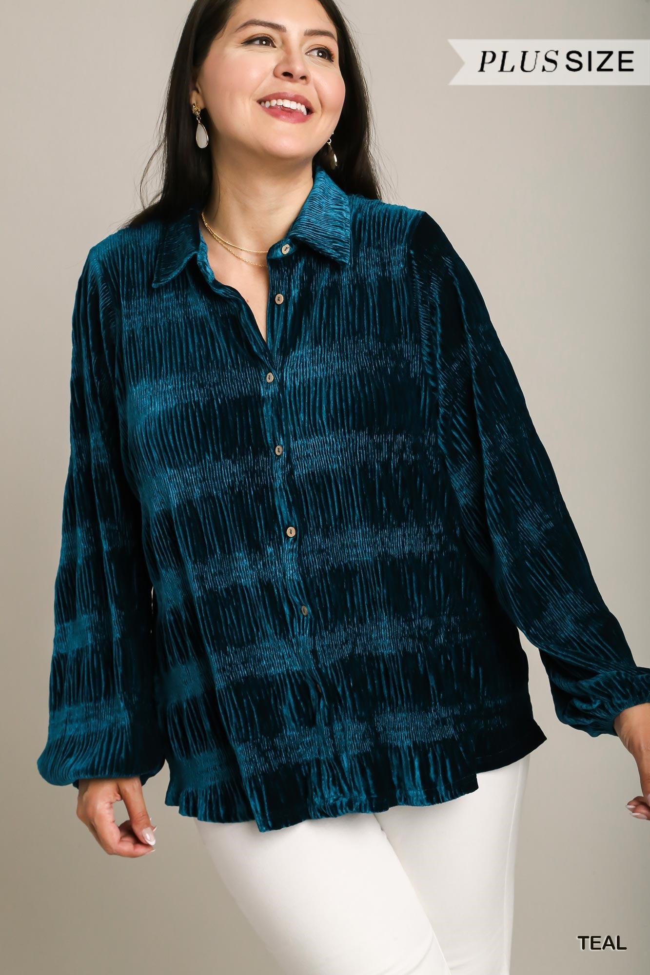 Umgee Plus Boxy Cut Smocked Velvet Button Down Puff Sleeve Top