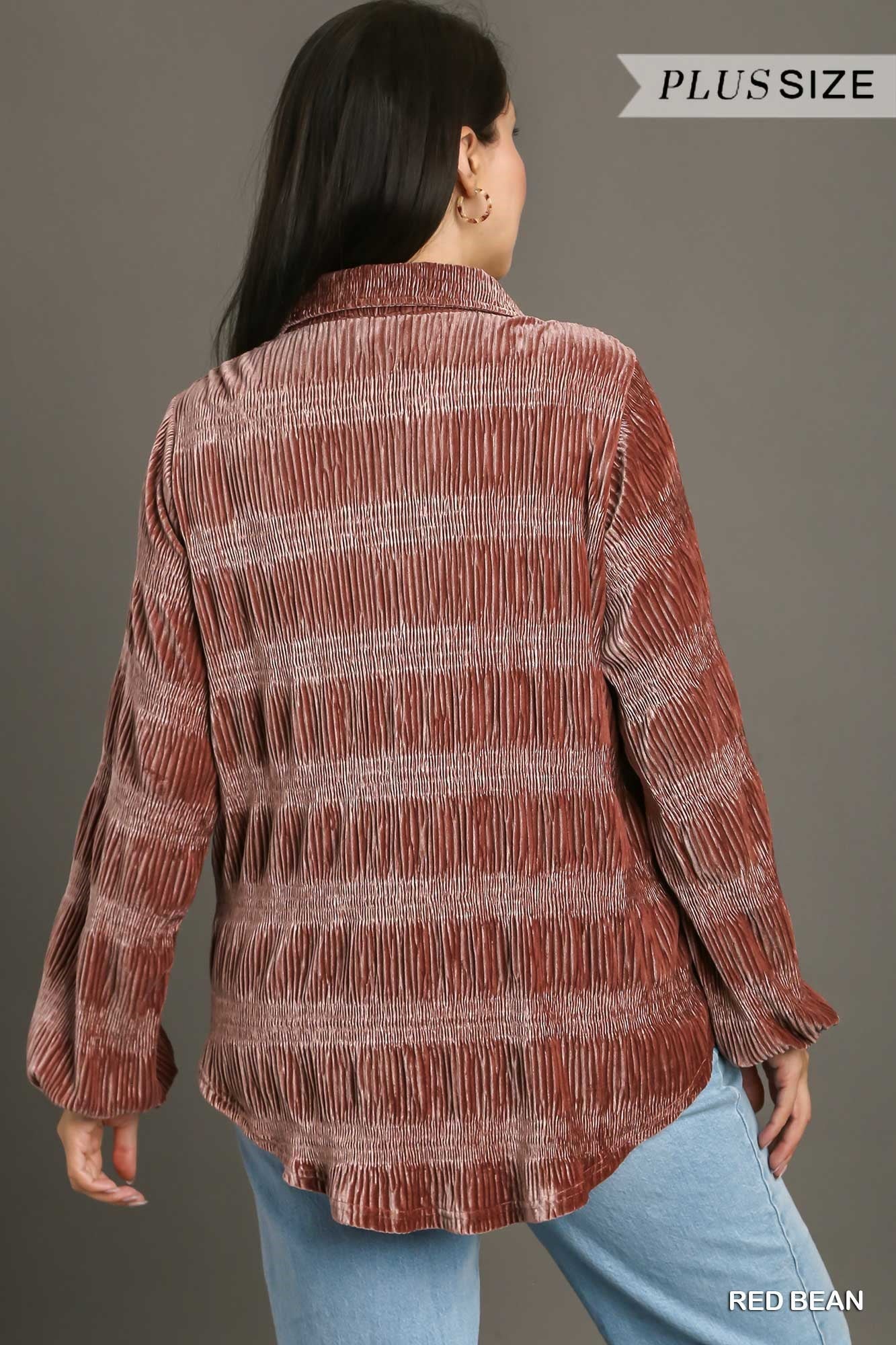 Umgee Plus Boxy Cut Smocked Velvet Button Down Puff Sleeve Top - Roulhac Fashion Boutique