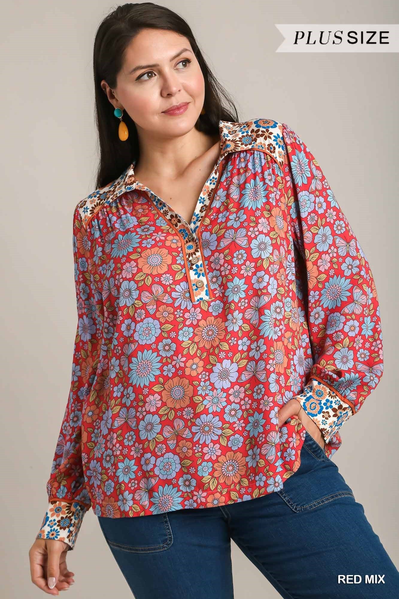 Umgee Plus Mix & Match Floral Print Collared Neck Balloon Sleeve Top - Roulhac Fashion Boutique