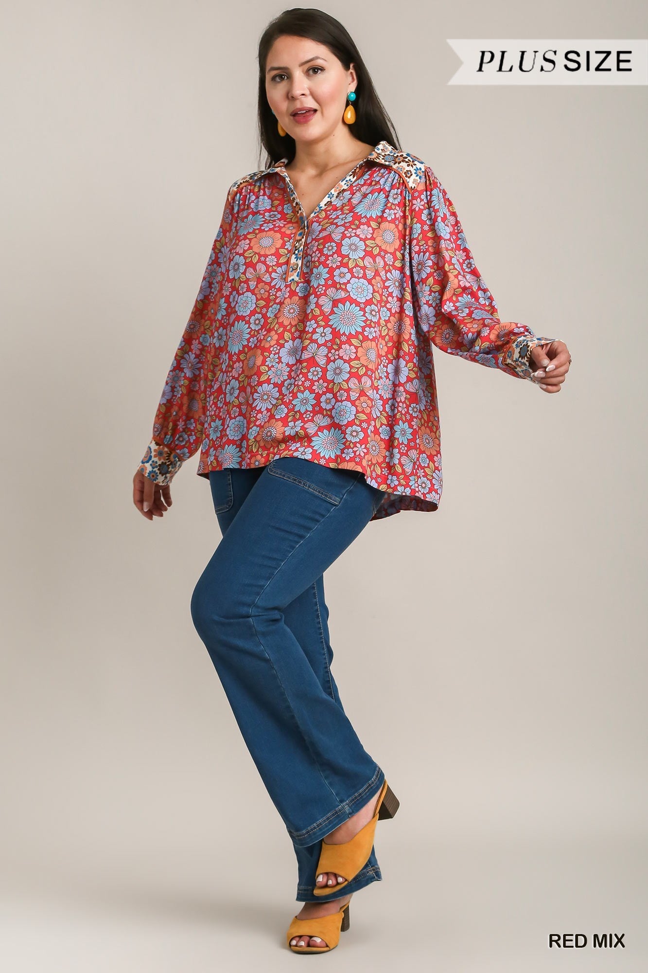 Umgee Plus Mix & Match Floral Print Collared Neck Balloon Sleeve Top - Roulhac Fashion Boutique