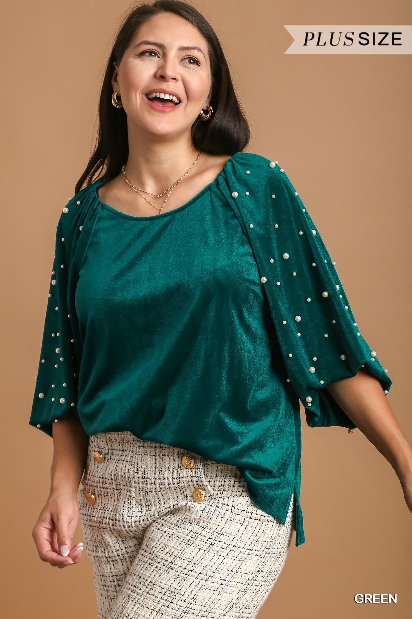 Umgee Plus Boxy Cut Velvet 3/4 Pearl Puff Sleeves Top - Roulhac Fashion Boutique