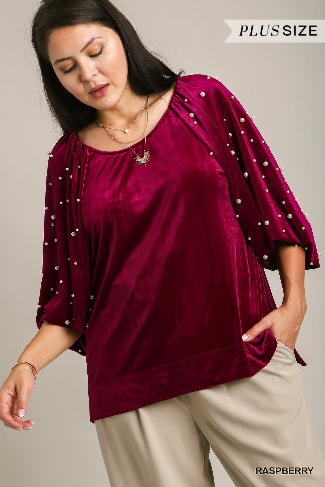 Umgee Plus Boxy Cut Velvet 3/4 Pearl Puff Sleeves Top - Roulhac Fashion Boutique