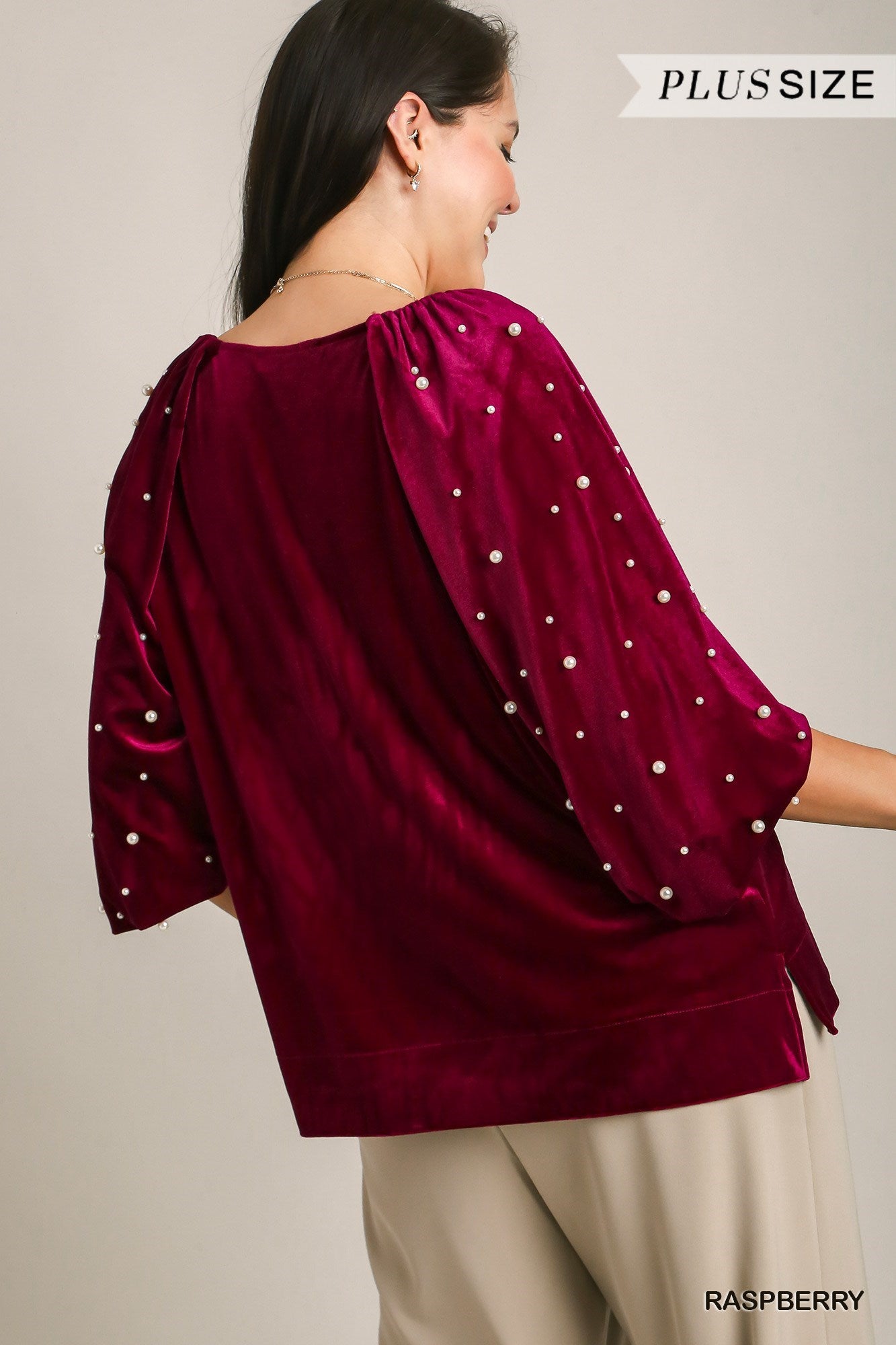 Umgee Plus Boxy Cut Velvet 3/4 Pearl Puff Sleeves Top - Roulhac Fashion Boutique