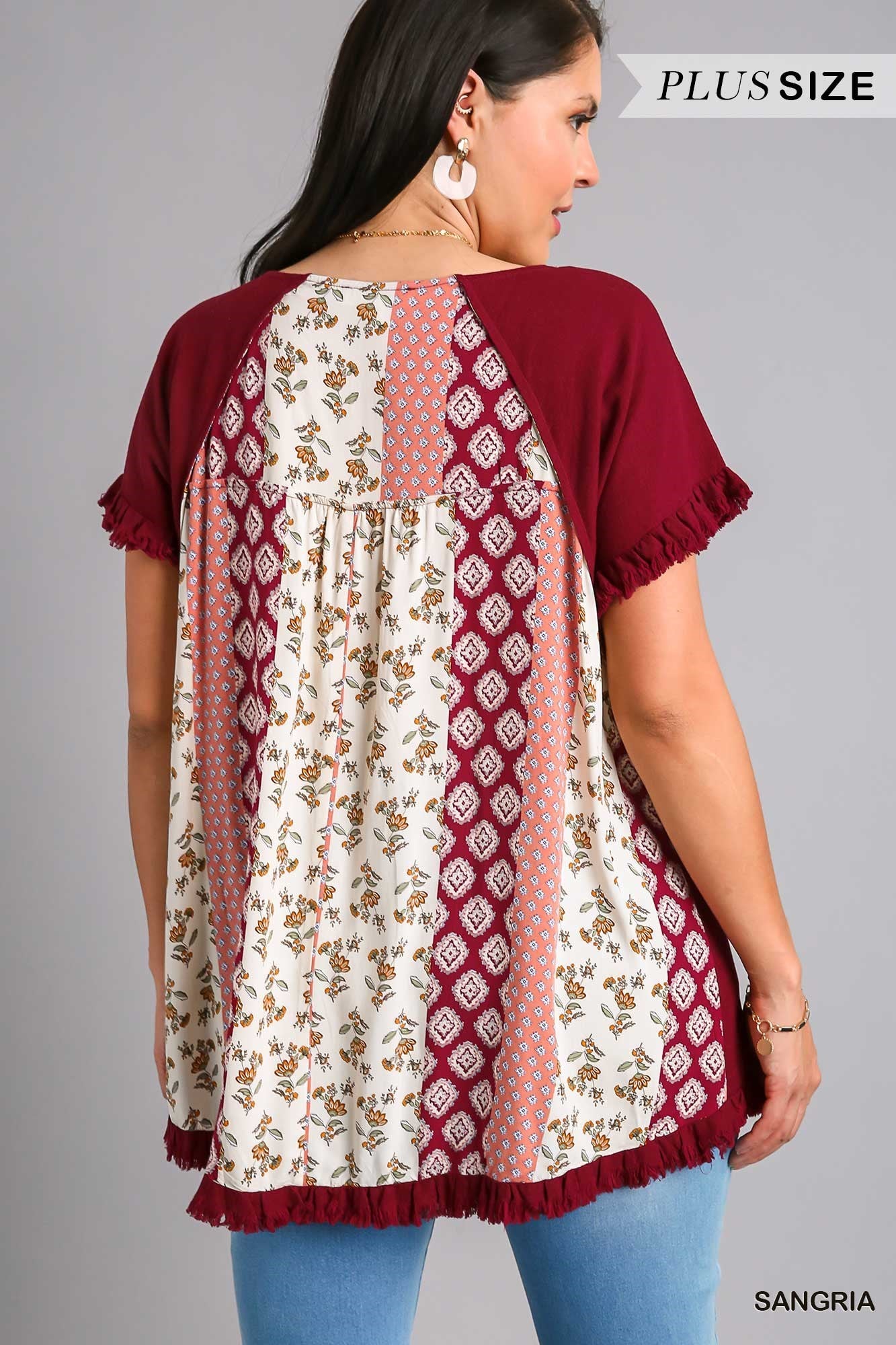 Umgee Plus Linen Blend Mixed Print Scoop Neck Shirt Frayed Hem Top - Roulhac Fashion Boutique