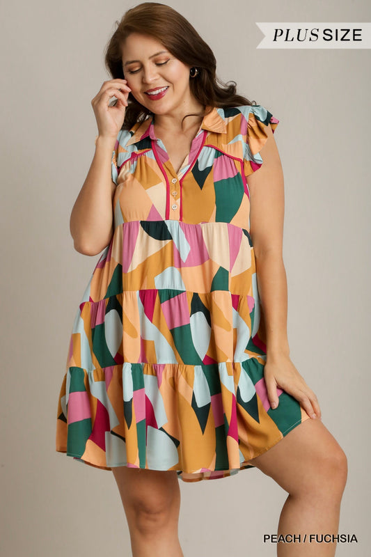 Umgee Plus Size Multi Color Abstract Ruffle Sleeve Tiered Dress - Roulhac Fashion Boutique