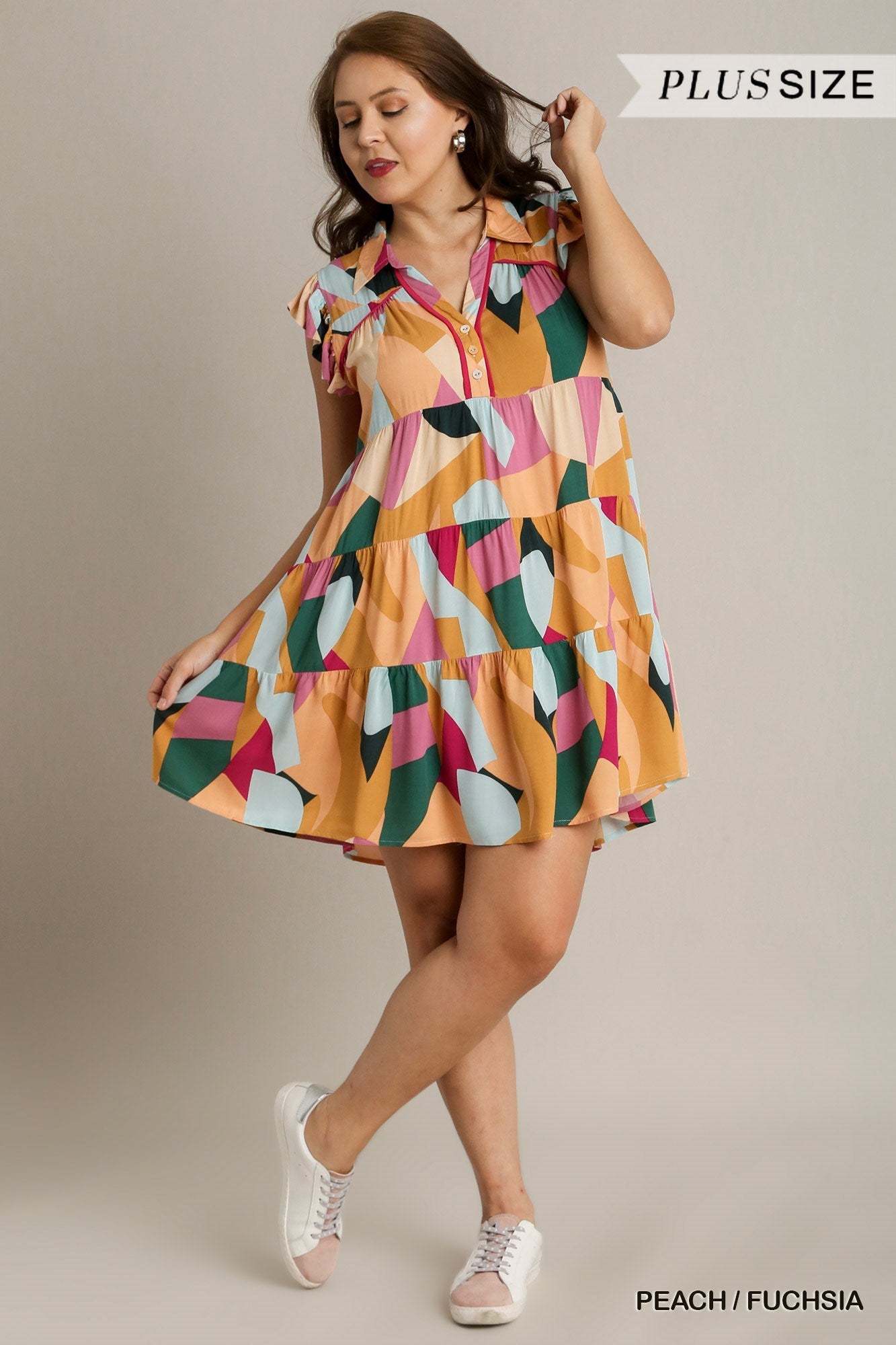 Umgee Plus Size Multi Color Abstract Ruffle Sleeve Tiered Dress - Roulhac Fashion Boutique