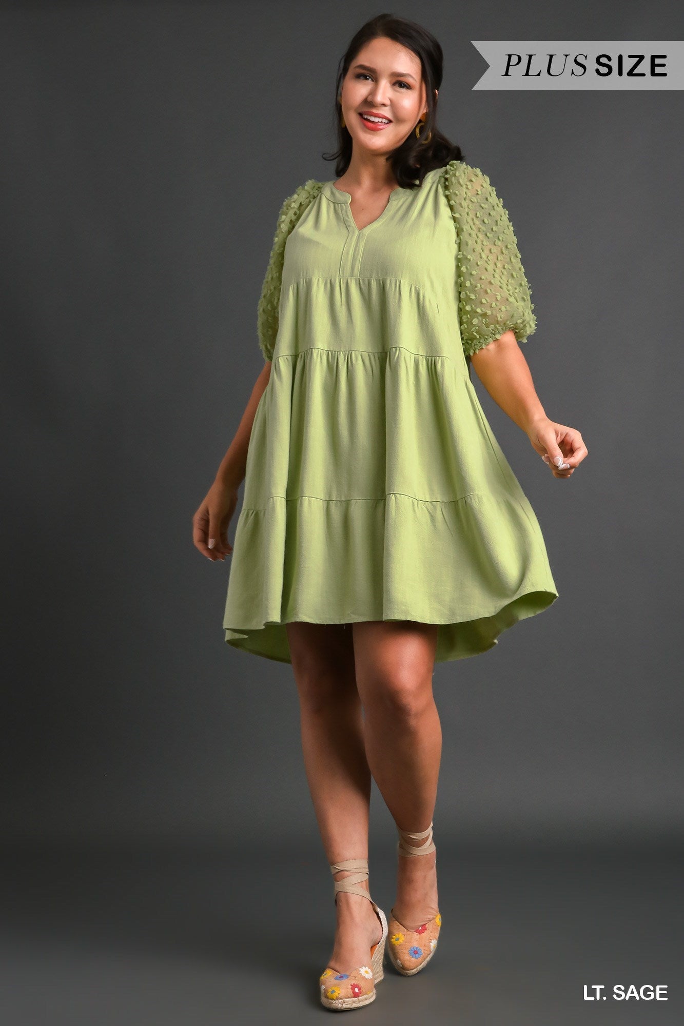 Umgee Plus Size Floral Applique Cuffed Puffed Sleeve Tiered Dress - Roulhac Fashion Boutique