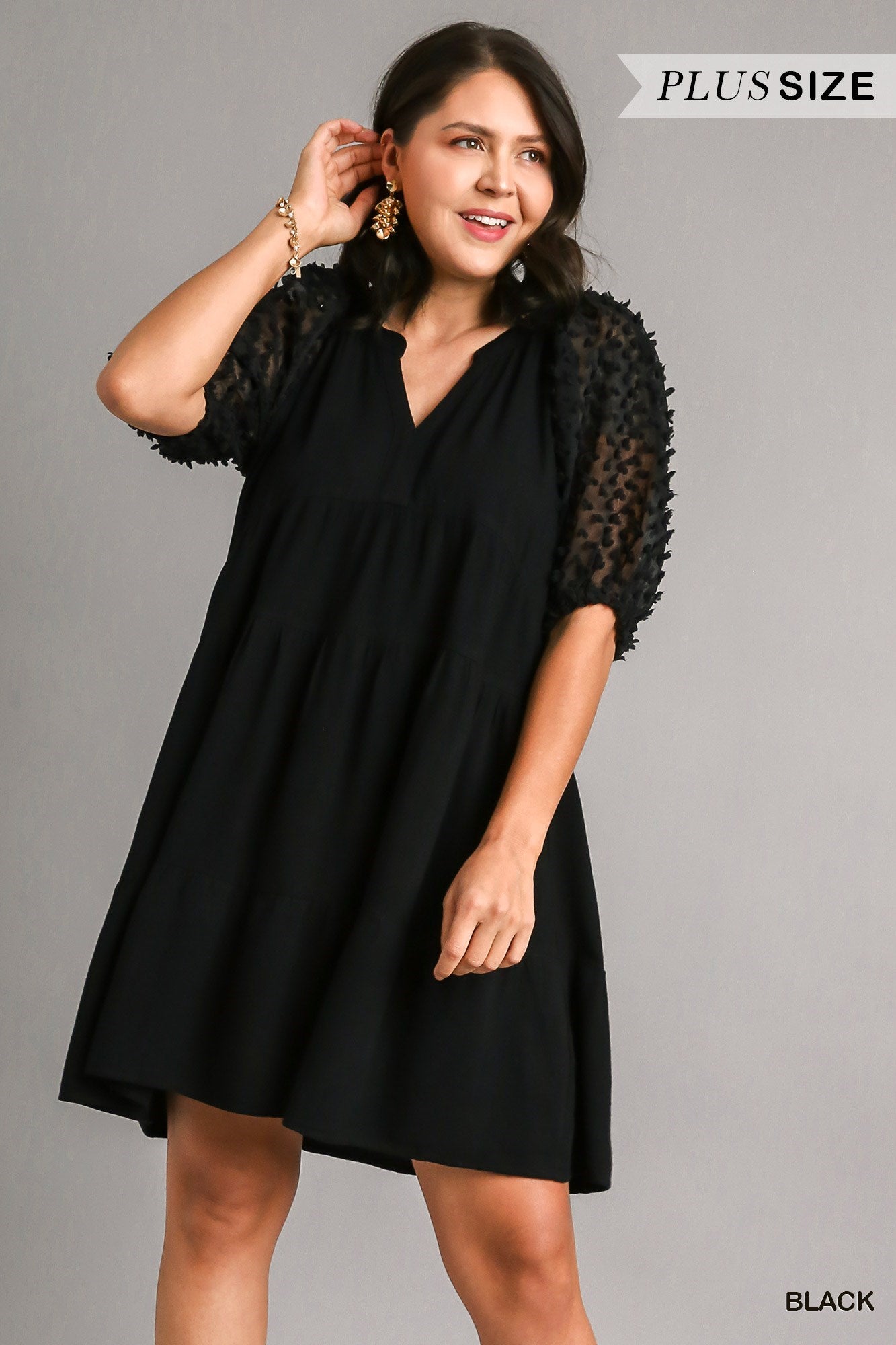 Umgee Plus Size Floral Applique Cuffed Puffed Sleeve Tiered Dress