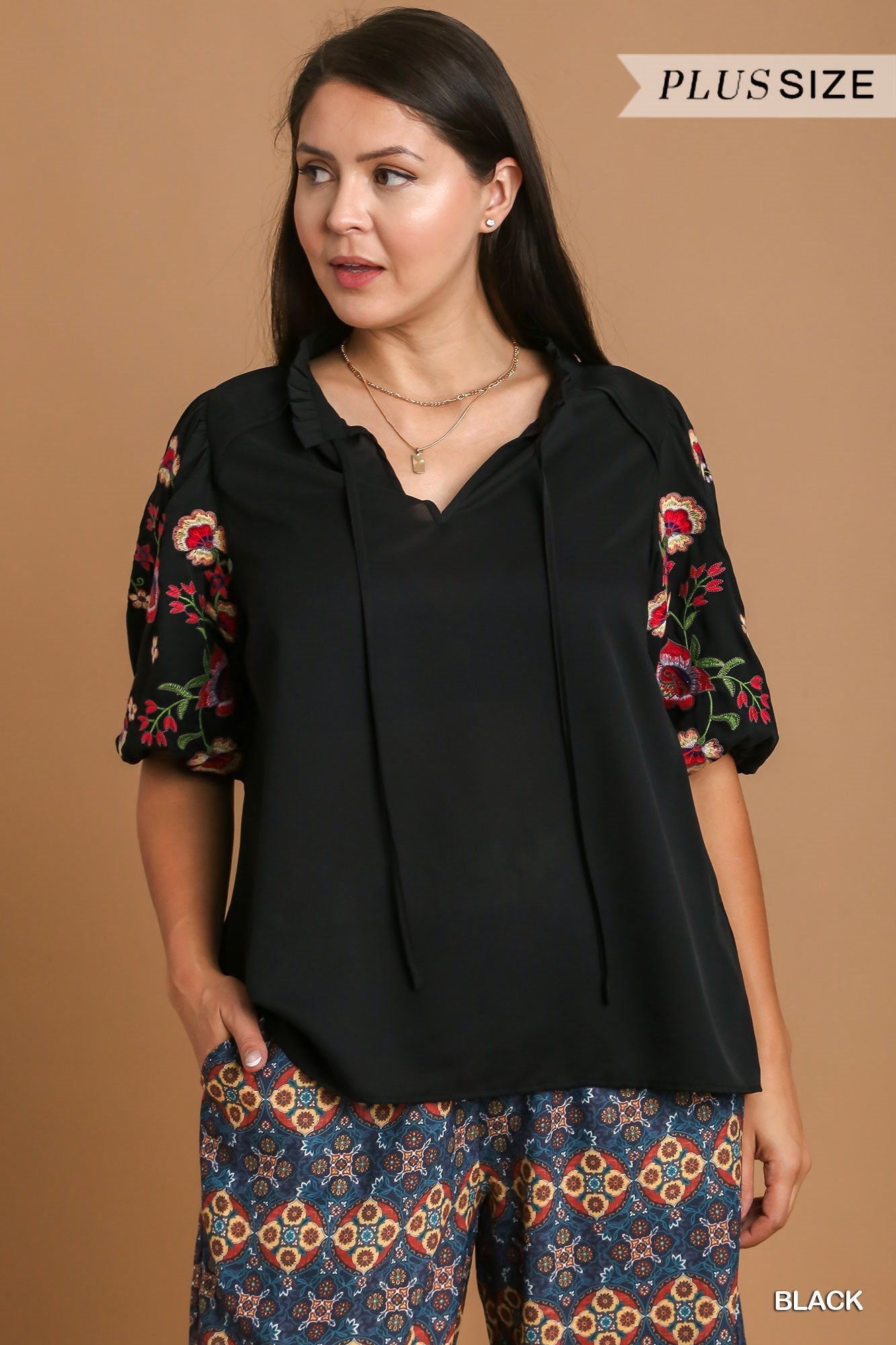 Umgee Plus Embroidery Puff Sleeve Ruffle V-Notched Drawstring Top